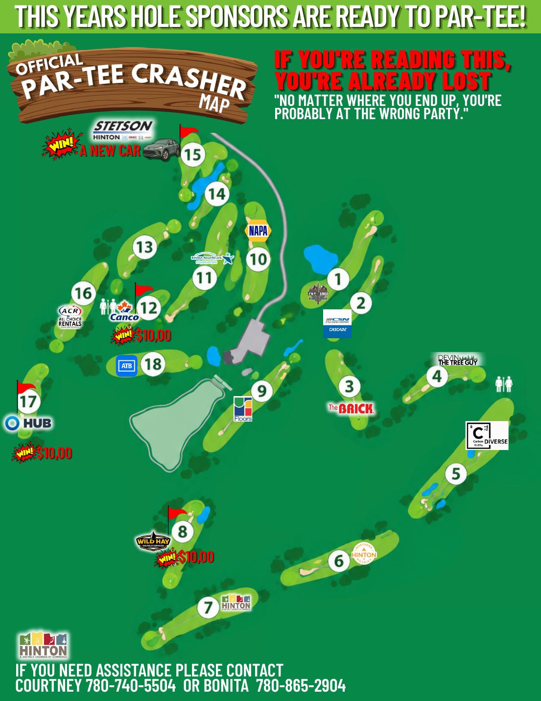 2026 Par-Tee Crasher hole map with all 18 sponsors